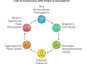 Pannello guida ciclo di prevenzione delle pieghe in asciugatrice, illustrato con istruzioni per evitare sovraccarico, scegliere il ciclo giusto, rimuovere i vestiti.