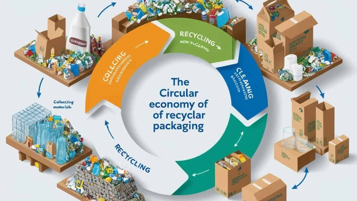 Immagine che illustra il ciclo della economia circolare dei packaging riciclabili con fasi di raccolta, pulizia e riciclo.