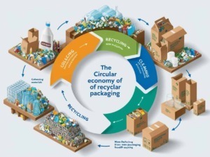 Immagine che illustra il ciclo della economia circolare dei packaging riciclabili con fasi di raccolta, pulizia e riciclo.