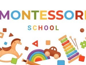 Montessori scuola materna in legno con giocattoli educativi, arcobaleno, cavallo, carretto e strumenti musicali per lo sviluppo infantile.