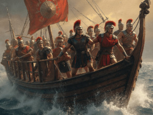 Navigatori romani in battaglia su una nave antica, l'immagine rappresenta l'epoca dell'antica Roma, con soldati armati di elmi, corazze e scudi, che navigano in mare aperto sotto un cielo tempestoso.