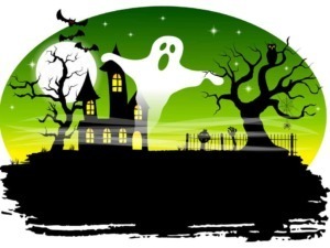 Struttura di Halloween spettrale con castello infestato, arbre spettrale, pipistrelli, gatto nero, ragnatele e teschi in stile horror, atmosfera gotica e soprannaturale.