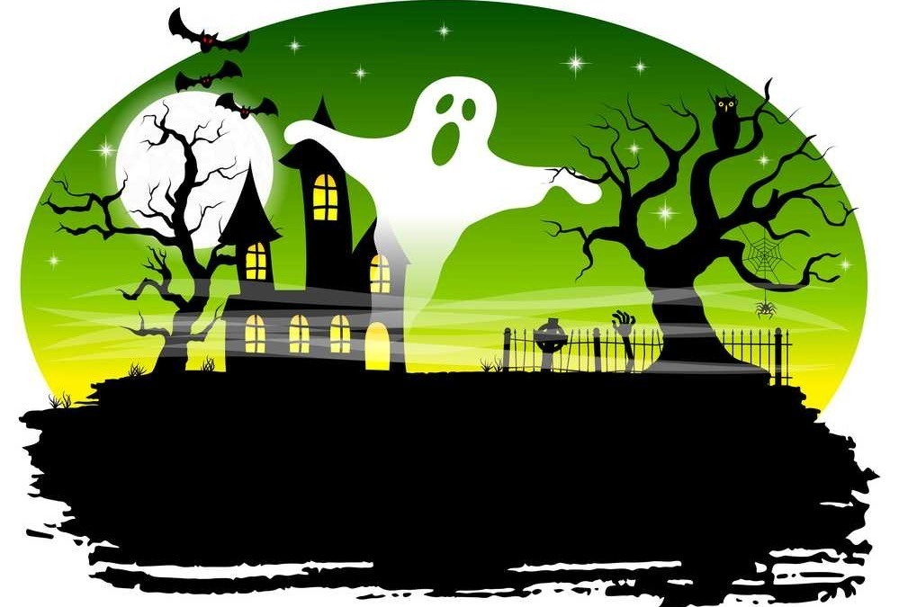 Struttura di Halloween spettrale con castello infestato, arbre spettrale, pipistrelli, gatto nero, ragnatele e teschi in stile horror, atmosfera gotica e soprannaturale.