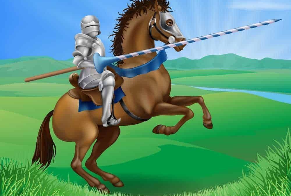 Armatura da cavaliere medievale con armatura completa e spada, cavalca un cavallo bardato con bardatura blu, nel paesaggio verde di colline e fiume, scenario fantasy.