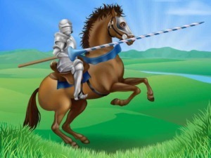 Armatura da cavaliere medievale con armatura completa e spada, cavalca un cavallo bardato con bardatura blu, nel paesaggio verde di colline e fiume, scenario fantasy.