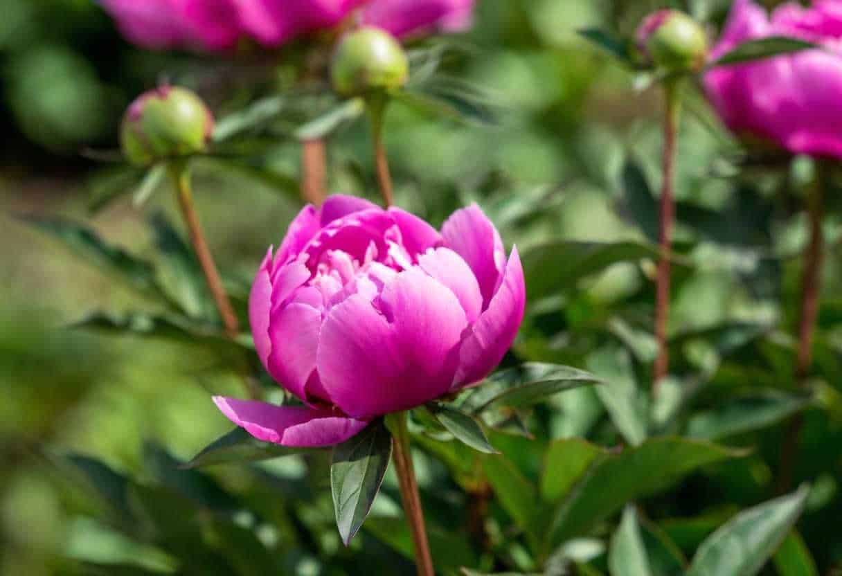 Fiore di peonia rosa acceso in giardino con foglie verdi lussureggianti, perfetto per decorazioni floreali e giardinaggio, simbolo di bellezza e raffinatezza.