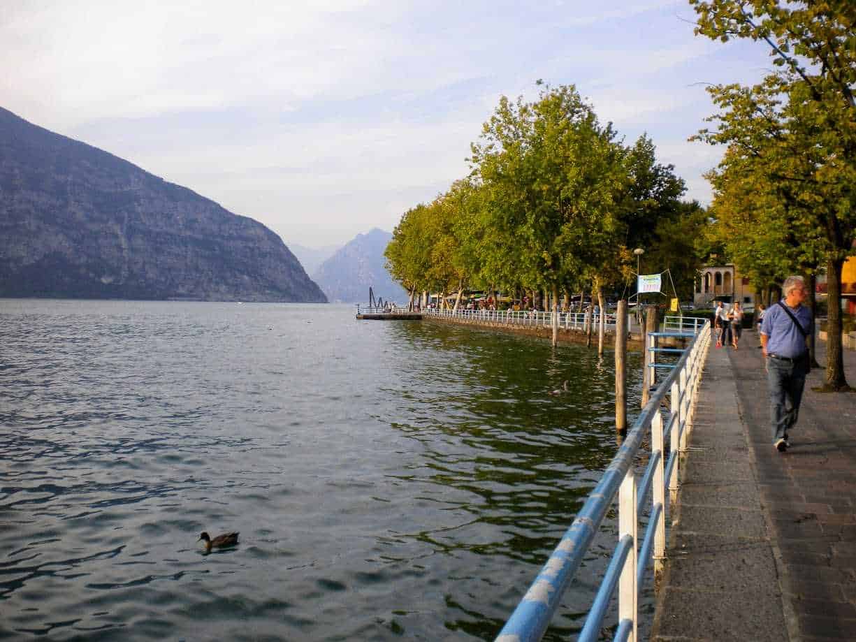 Cosa Vedere a Iseo città sul Lago di Iseo: centro storico, castello e lungolago 3 Lungolago con passeggiata in riva al lago, alberi e montagne sullo sfondo, persone che passeggiano e anatroccoli che nuotano in acqua, scenario tranquillo e pittoresco, ideale per fotografia e relax.