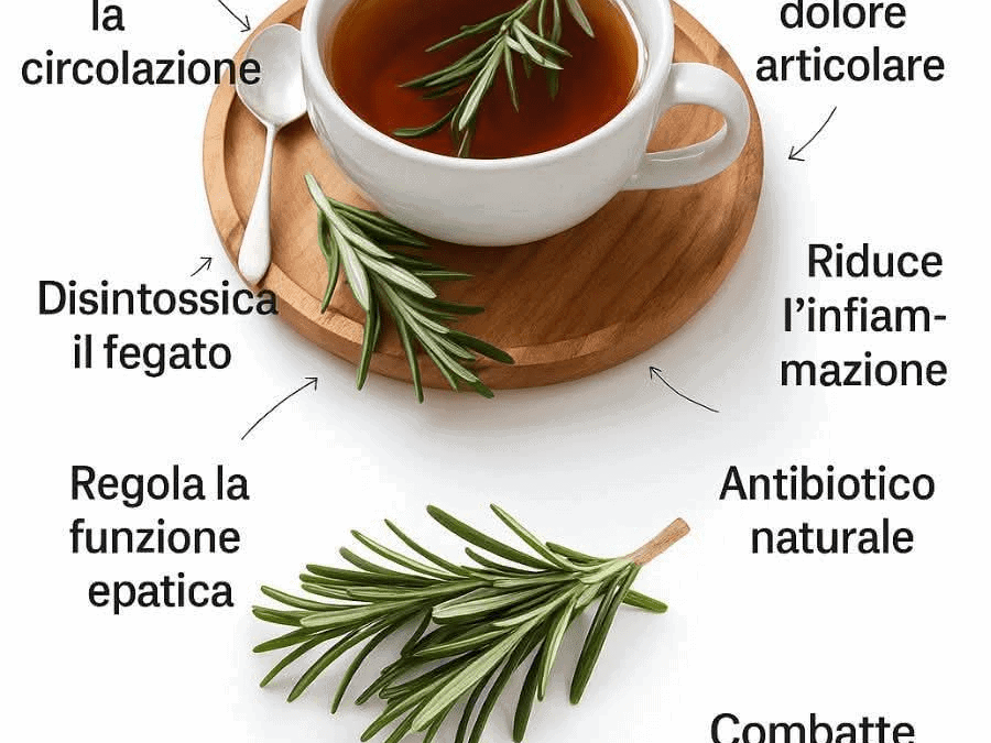 Tè di rosmarino a digiuno, benefici per la salute, migliora la circolazione, aiuta il fegato, regola la funzione epatica, allevia il dolore articolare, riduce l'infiammazione.