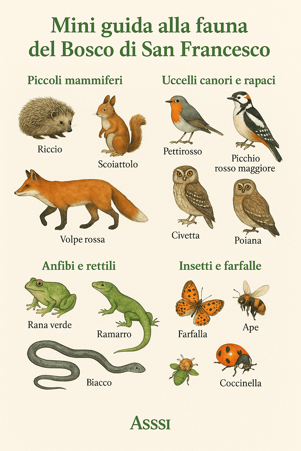 Il Bosco di San Francesco Assisi luogo dell’anima 4 Riccio, scoiattolo, uccelli canori e rapaci,ermo, fox, civetta, poiana, anfibi e rettili, insetti e farfalle, esempio di fauna del Bosco di San Francesco. Immagini illustrative di piccoli mammiferi, uccelli, insetti e rettili.