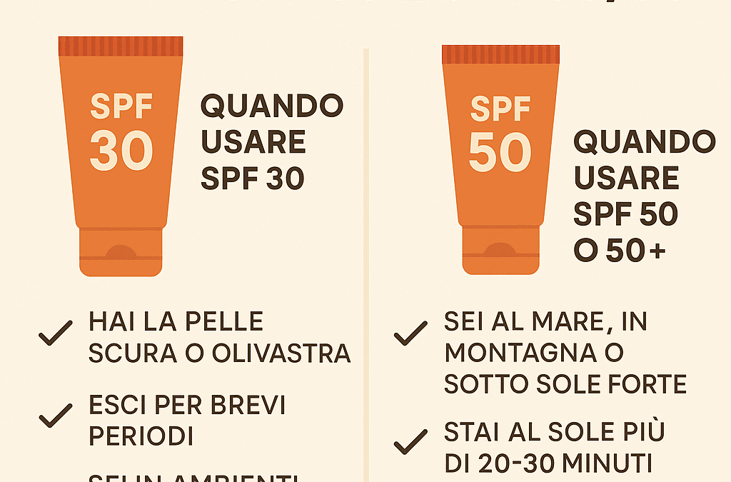 SPF 30 e SPF 50+ consigli per l'uso, migliori pratiche per proteggere la pelle dal sole, indicazioni su quando applicare e le differenze tra i due livelli di protezione solare.