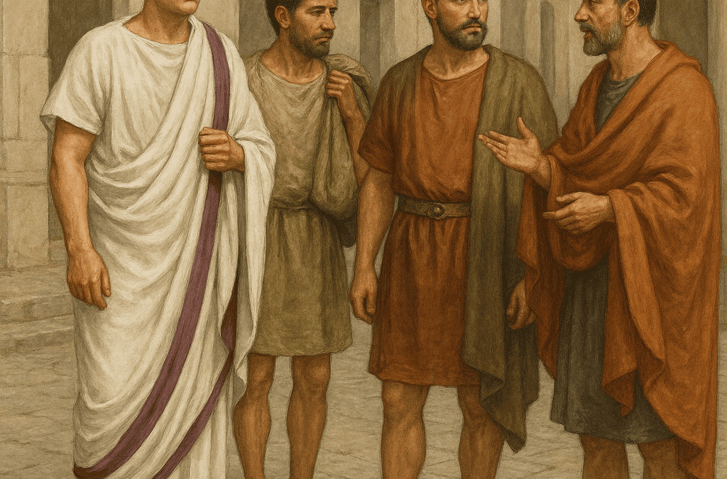 Filemnasf_domenico_ghirlandaio_alt.jpg, Figure di uomini in abiti romani antichi che discutono nella strada, dipinto realistico che rappresenta scene storiche.
