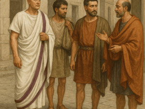 Filemnasf_domenico_ghirlandaio_alt.jpg, Figure di uomini in abiti romani antichi che discutono nella strada, dipinto realistico che rappresenta scene storiche.