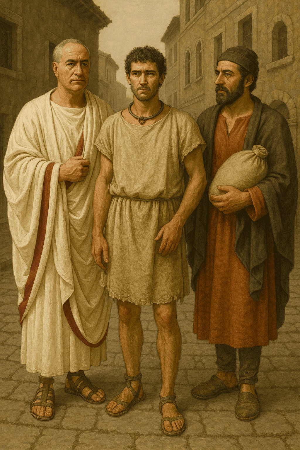 Tunica e toga romana: Fili di uomini antichi con abiti romani, scena storica raffigurante personaggi in un vicolo urbano.