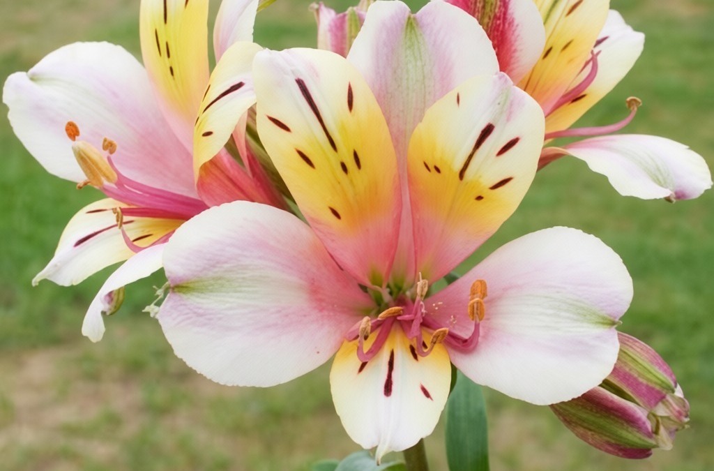 Fiore di alta qualità con petali rosa, gialli e screziature scure, perfetto per giardini e decorazioni floreali. Fioritura elegante e colorata, simbolo di bellezza e natura.