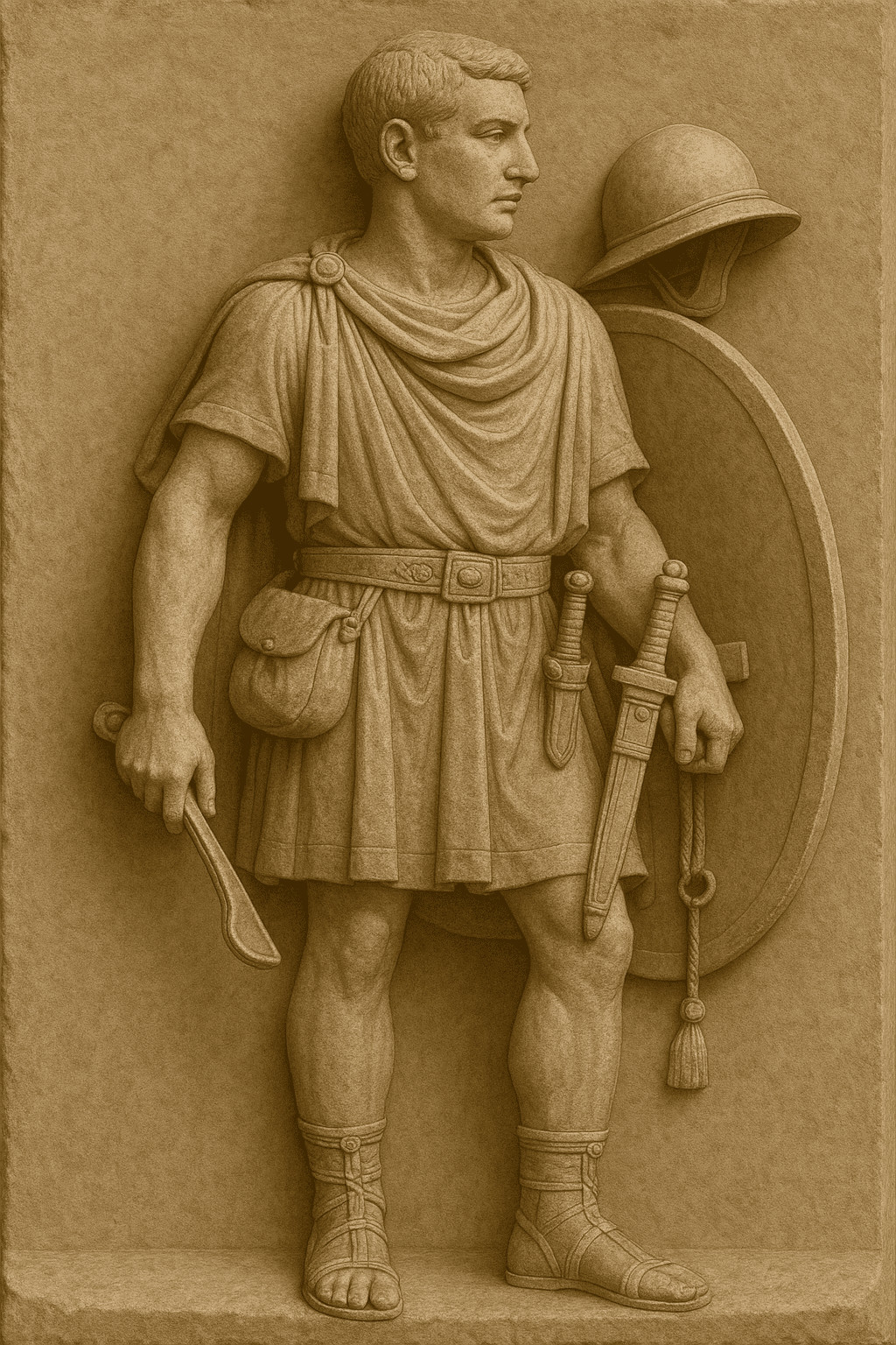 Statua di un soldato romano con scudo e spada, dettaglio di arte antica, simbolo di storia e conquista romana. Perfetto per articoli su storia antica, epoca romana e cultura militare romana.