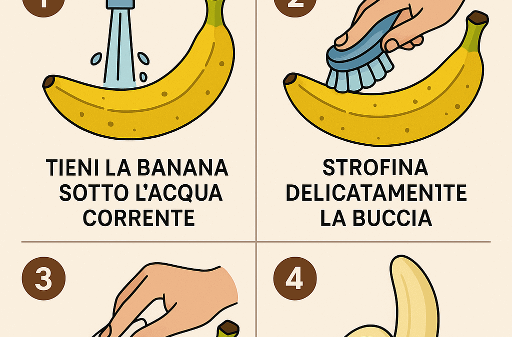 Banana lavata sotto l'acqua corrente, strofinata delicatamente con un panno, asciugata con un panno e pronta per essere consumata. Guida semplice su come lavare le banane step by step.