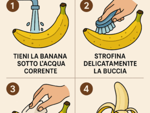 Banana lavata sotto l'acqua corrente, strofinata delicatamente con un panno, asciugata con un panno e pronta per essere consumata. Guida semplice su come lavare le banane step by step.