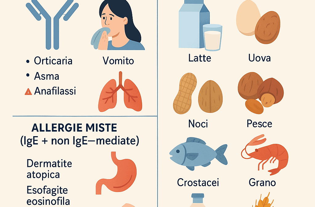Allergie alimentari e allergie più comuni coinvolte nelle allergie, illustrando alimenti come latte, uova, noci, pesce, crostacei, soia e grano, oltre alle reazioni di allergie IgE e miste.