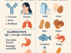 Allergie alimentari e allergie più comuni coinvolte nelle allergie, illustrando alimenti come latte, uova, noci, pesce, crostacei, soia e grano, oltre alle reazioni di allergie IgE e miste.