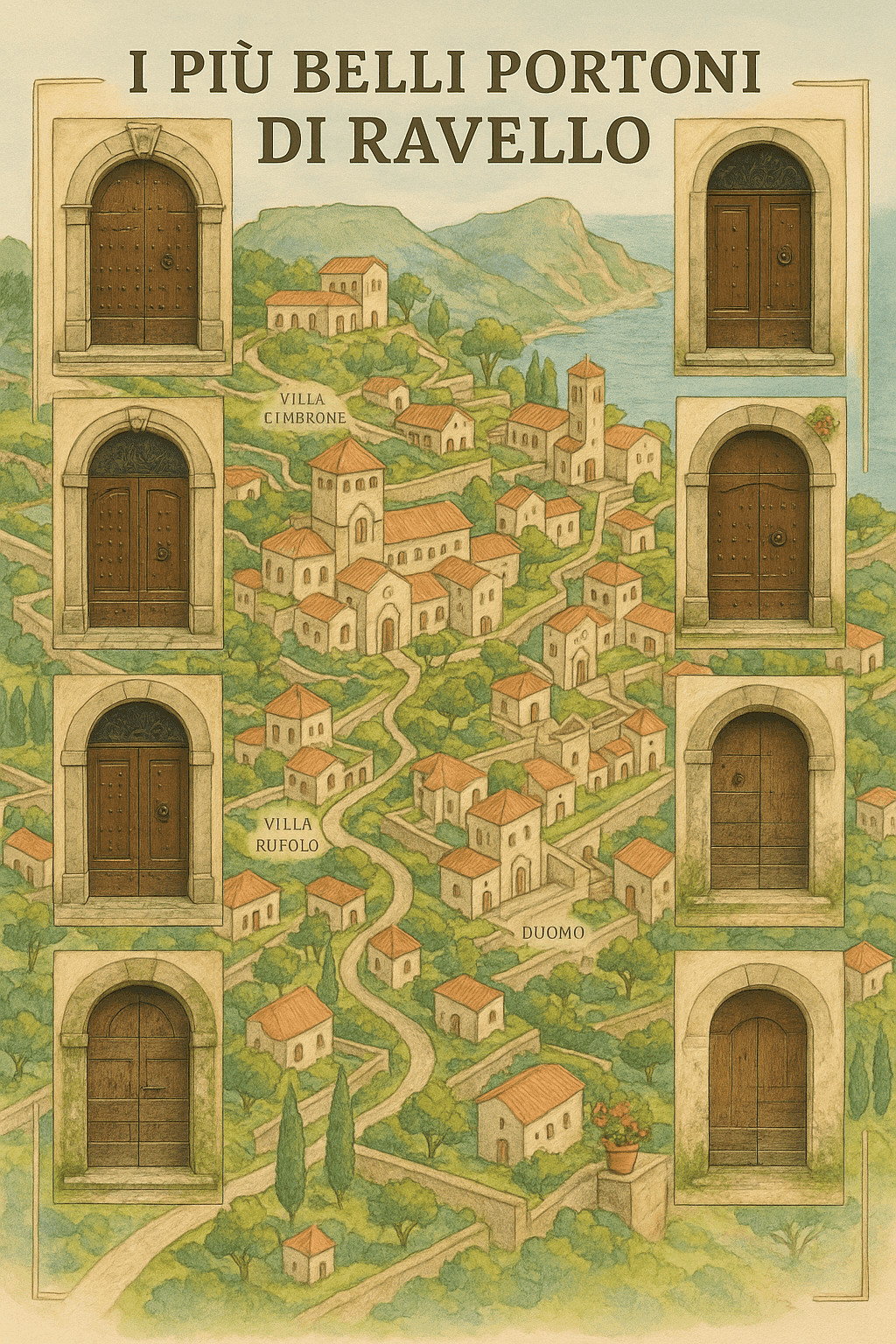 Portoni in stile medievale di Ravello con paesaggio affascinante di ville e colline. Icone rappresentano i portoni più belli di Ravello, tra storia, architettura e turismo in Italia.