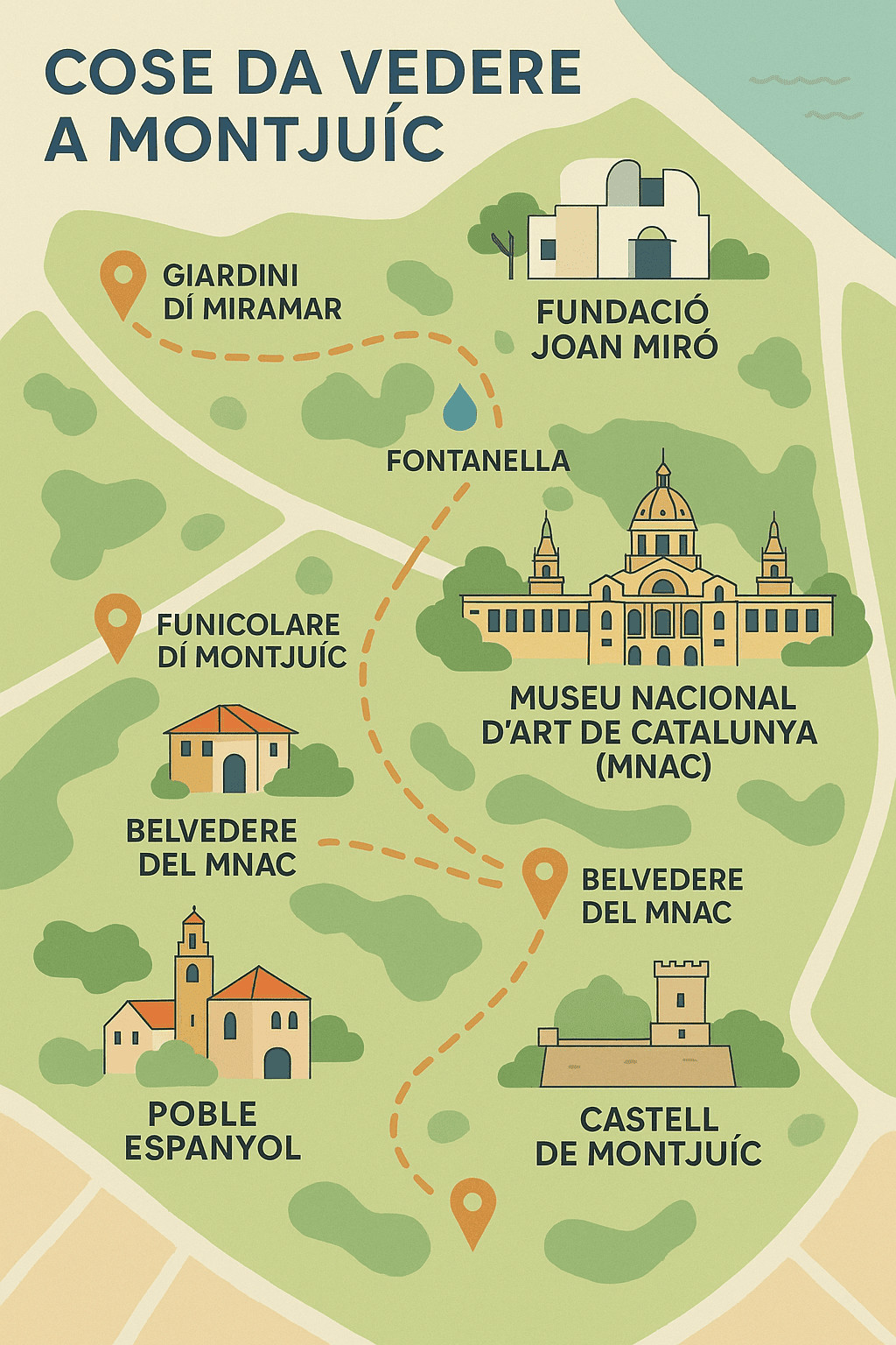 Vista della mappa di Montjuïc, con i principali luoghi di interesse tra cui il Museu Nacional d'Art de Catalunya, il Castello di Montjuïc e i giardini di Miramar, perfetta per scoprire le attrazioni di questa zona di Barcellona.