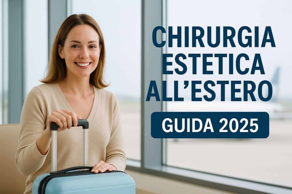 Viaggio per chirurgie estetiche all'estero, guida 2025, donna sorridente con valigia pronta in aeroporto, destinazione chirurgia plastica e interventi estetici esterni, consigli e informazioni utili.