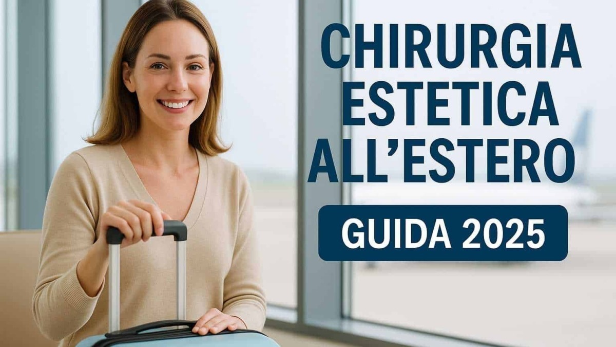 Viaggio per chirurgie estetiche all'estero, guida 2025, donna sorridente con valigia pronta in aeroporto, destinazione chirurgia plastica e interventi estetici esterni, consigli e informazioni utili.