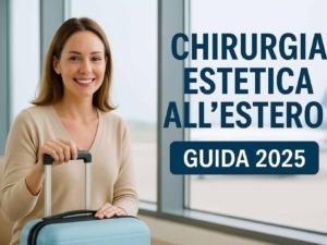 Viaggio per chirurgie estetiche all'estero, guida 2025, donna sorridente con valigia pronta in aeroporto, destinazione chirurgia plastica e interventi estetici esterni, consigli e informazioni utili.