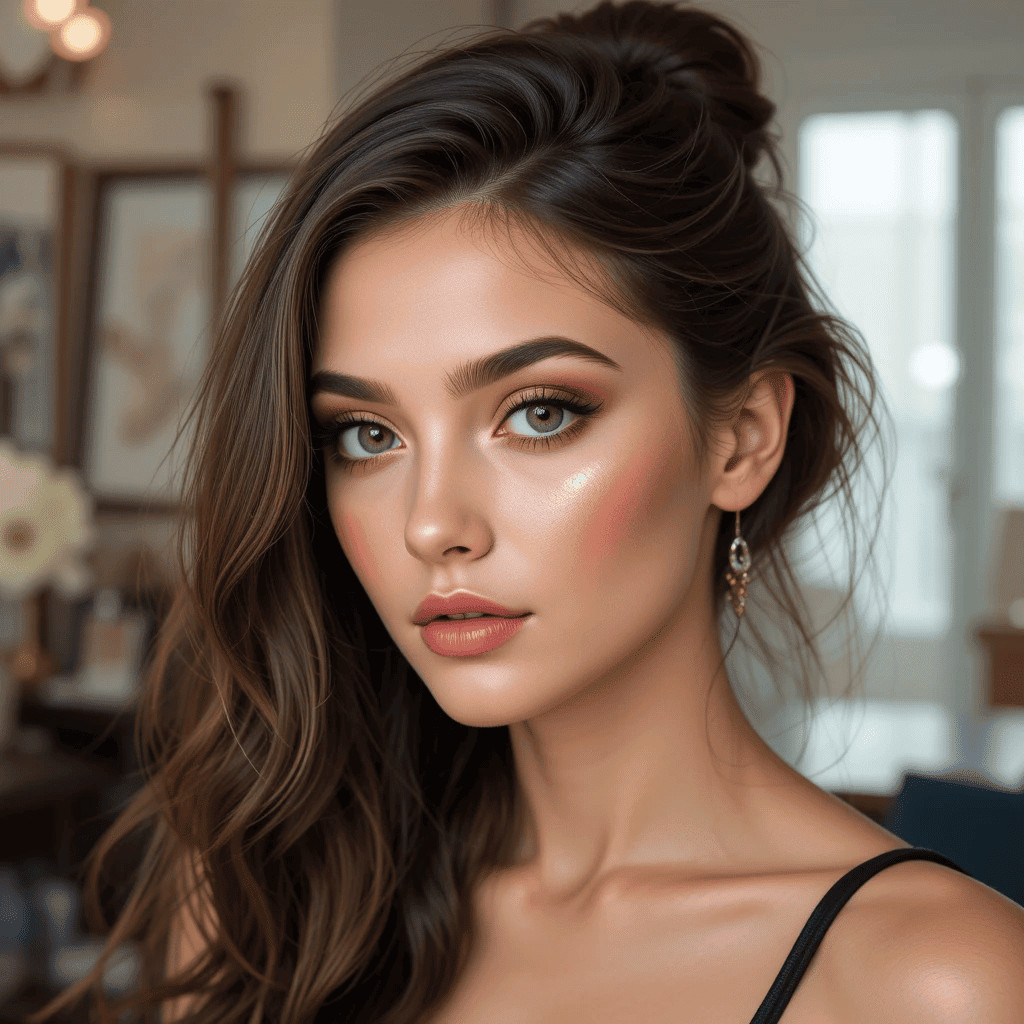 Make-up resistente all’acqua: l’alleato perfetto per l’estate. Bellissimo ritratto di una donna con trucco naturale e trucco occhi intenso, capelli mossi e unghie curate in un ambiente elegante e luminoso con luci soffuse e decorazioni moderne.