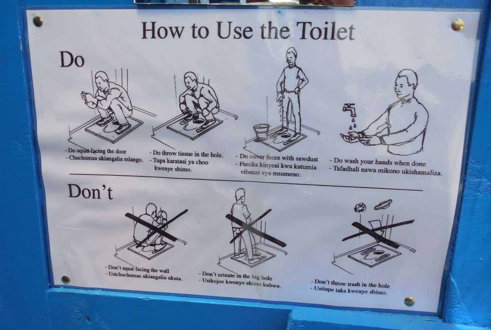 Scritte illustrative con istruzioni su come usare il bagno in modo igienico, con disegni e testi in inglese e swahili, posizionate su una parete blu.