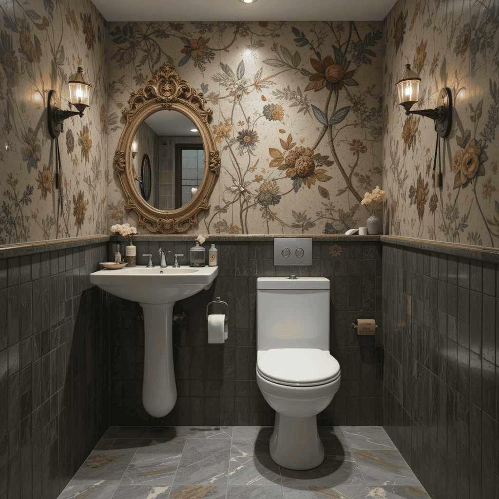 Elegante bagno con rivestimenti floreali, specchio d'epoca, lavabo bianco e toilet moderno, atmosfera vintage e raffinata, perfetta per uno spazio di relax grazie a dettagli di stile classico.
