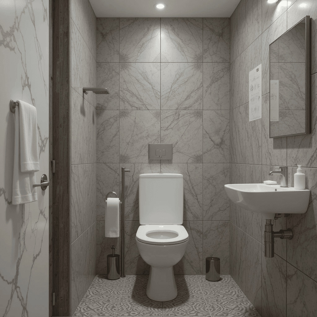 Funzione WC e lavabo in un bagno moderno in marmo con pareti e pavimenti in gres effetto marmo, illuminato da soffitto a led per un ambiente elegante e funzionale.