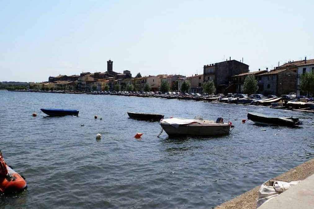 Barche nel porto di un villaggio pittoresco, con edifici storici e il mare calmo, perfetto per fotografare un paesaggio marittimo italiano.