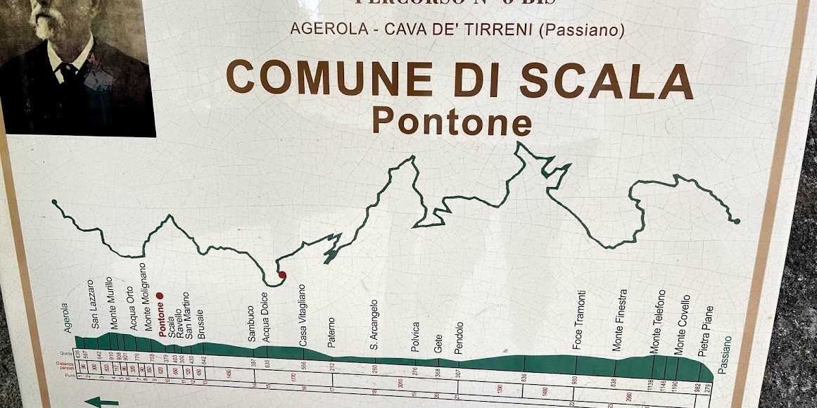 Agerola San Lazzaro Monte Molare Porto di Mare Mulo Orto Monte Moletto Ricavo Molare Ponte San Salvatore San Maurizio Sauze Ponte Pontone Ponte Ponteieu Casa Dolce Piano S. Arcangelo Pollica Gète Pendolo Foe Tramonti Monte Fiestra Monte Telefono Monte Covello Pietra Piano Passirano - Mappa del percorso del Pontone nel Comune di Scala, con dettagli sulle tappe e sull'itinerario in Campania.