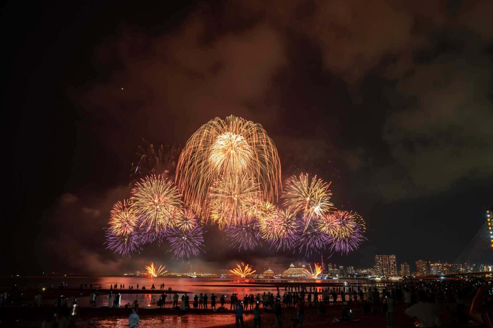 Fuochi d'artificio spettacolari durante una festa sul lungomare, con skyline illuminato di notte e pubblico che ammira lo spettacolo pirotecnico. Perfetta immagine per articoli su eventi, festività e celebrazioni.