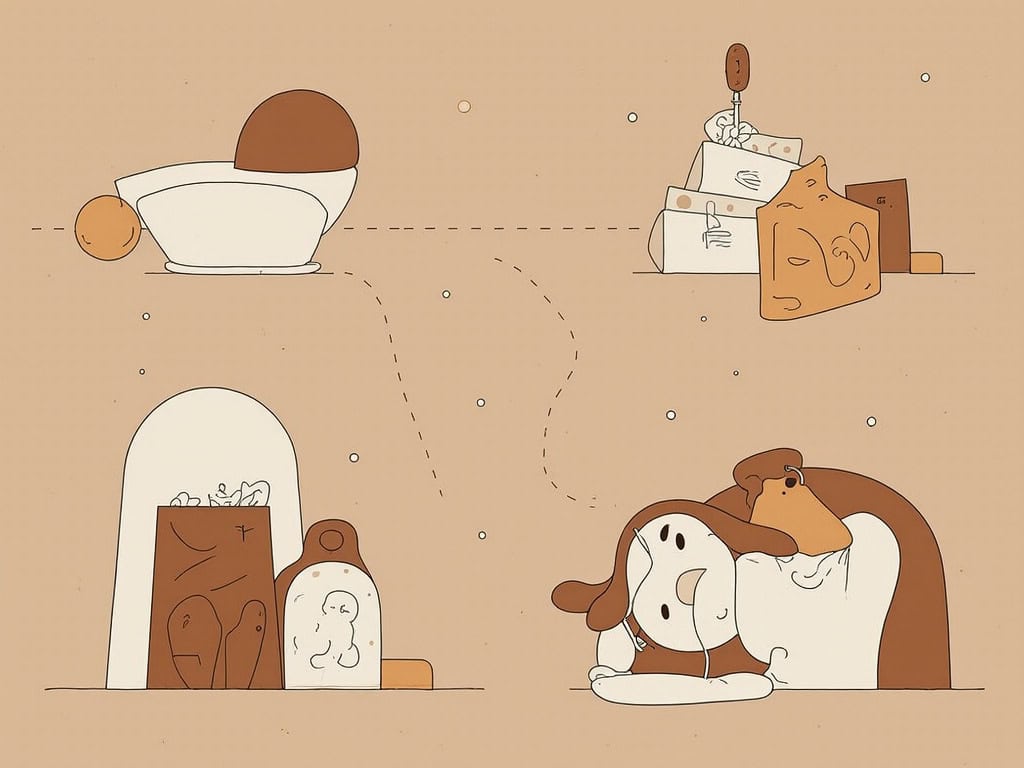 Piatto di cioccolato e biscotti, scartoffie e bustine, cane sdraiato con cuffie, illustrazione minimalista in toni beige e marroni.