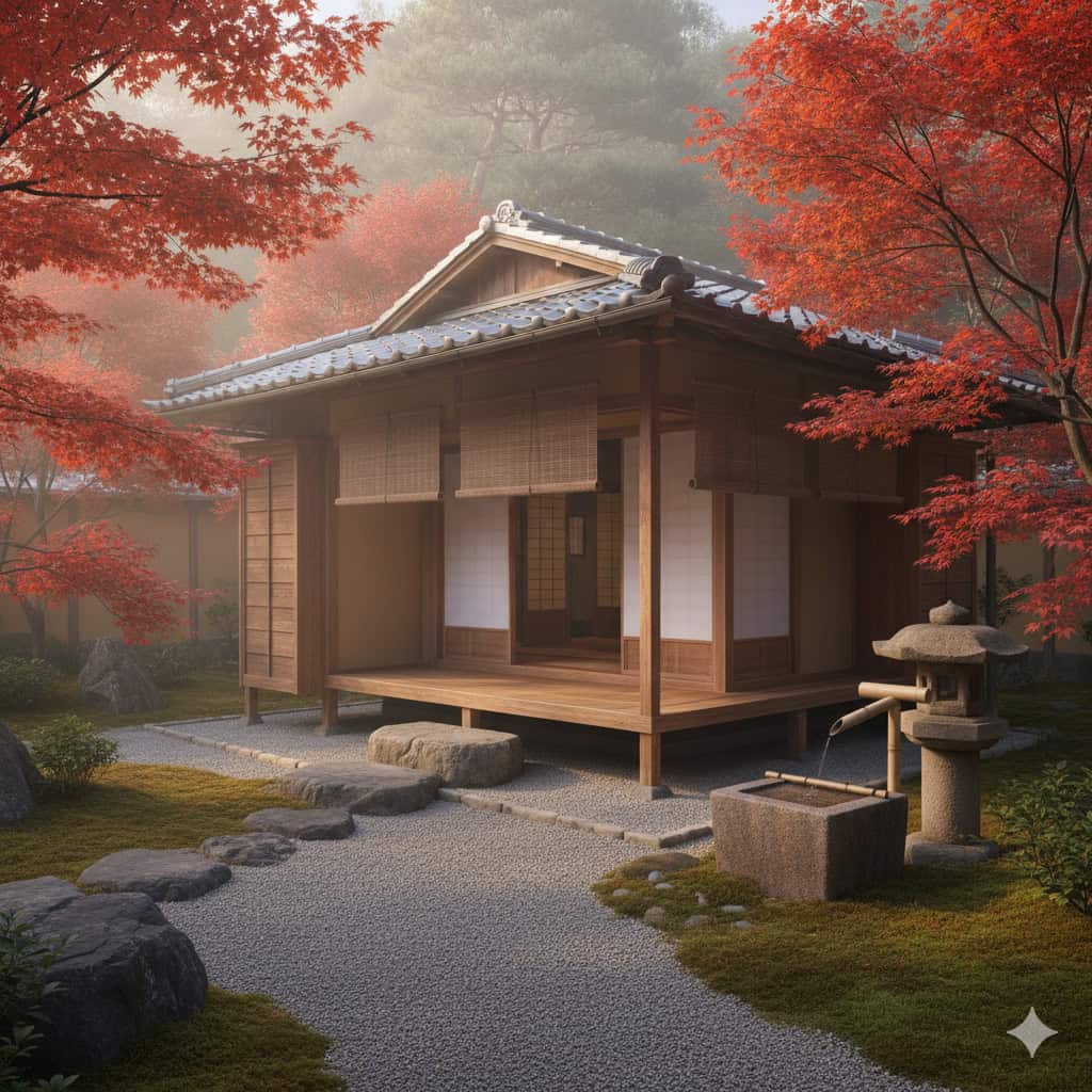 Traditional Japanese tea house in a serene garden during autumn with vibrant red maple trees and stone pathway, perfect for relaxing and appreciating nature.
