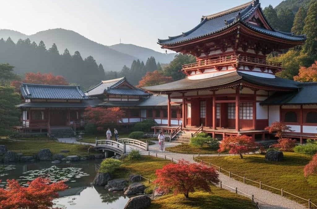 Pagoda giapponese tradizionale in un giardino zen con laghetto e alberi autunnali, montagna sullo sfondo, atmosfera serena e paesaggio naturale, cultura giapponese, architettura tradizionale.