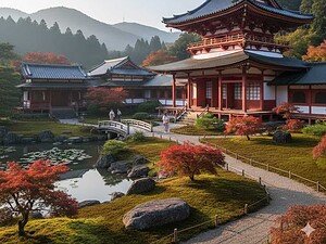 Pagoda giapponese tradizionale in un giardino zen con laghetto e alberi autunnali, montagna sullo sfondo, atmosfera serena e paesaggio naturale, cultura giapponese, architettura tradizionale.