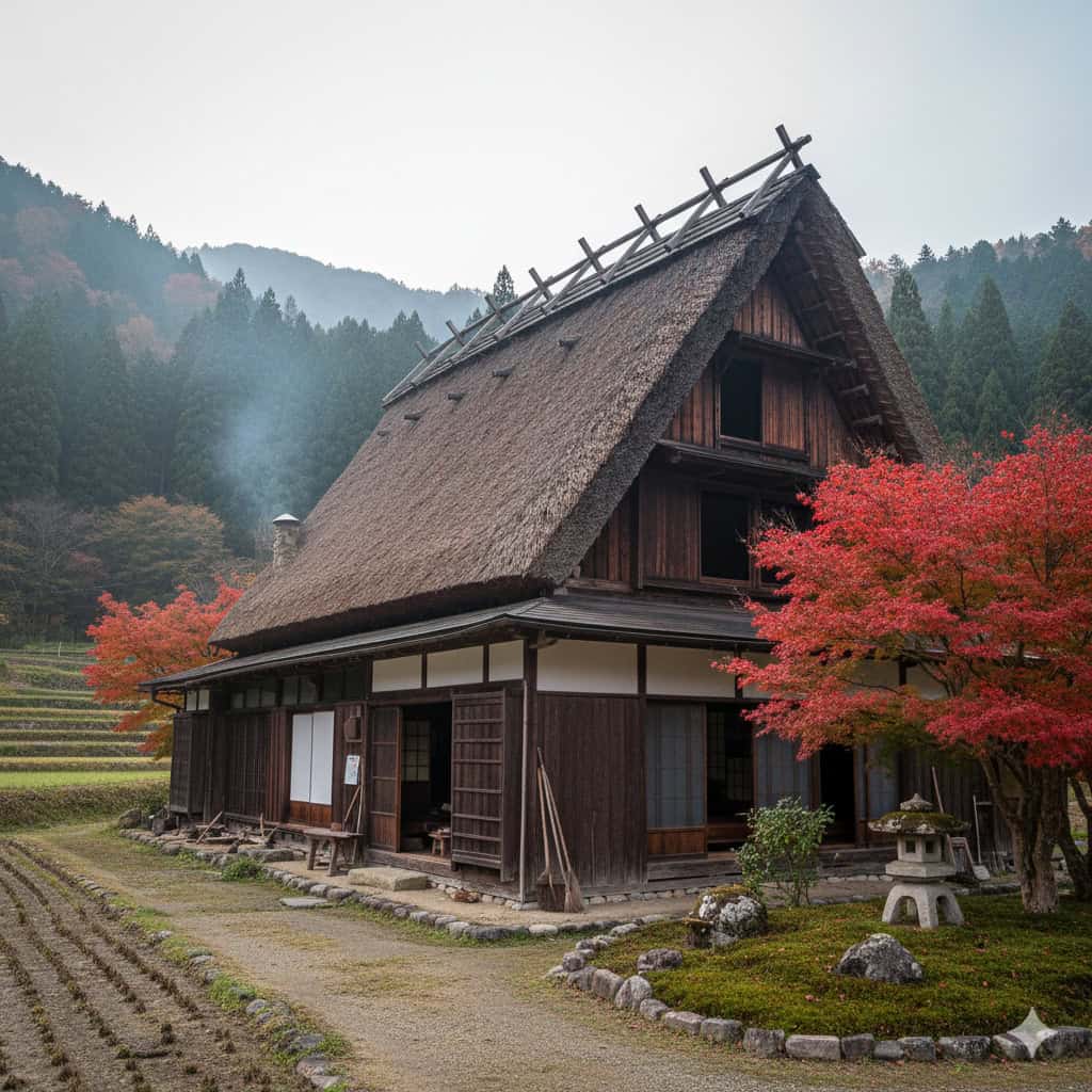 Vecchia casa tradizionale giapponese in stile Gassho, immersa in un paesaggio autunnale con alberi dai colori vivaci e risaie circostanti, scenario di cultura e storia Nipponica.