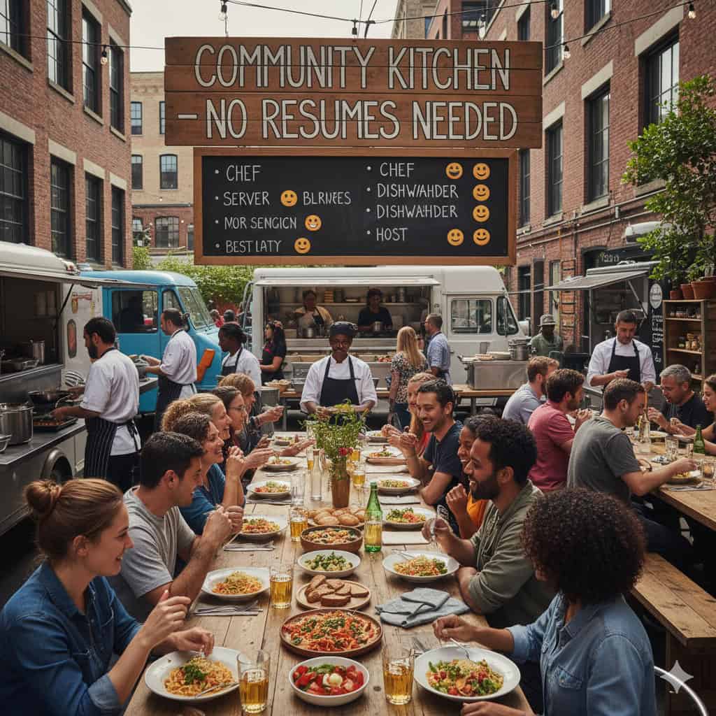 Appunti Sul Blog, evento di cucina comunitaria all'aperto con tavoli pieni di persone che condividono cibo delizioso in un ambiente urbano, promuovendo solidarietà e convivialità.