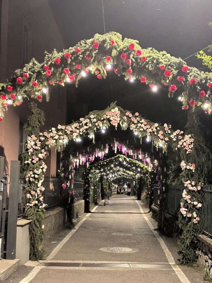 Fiori decorativi archi di luci decorazioni floreali per eventi notturna | eleganti archi di fiori e luci per occasioni speciali e matrimoni | percorso decorato con fiori e luci durante evento serale, crea un'atmosfera magica e romantica, perfetta per foto e celebrazioni all'aperto.
