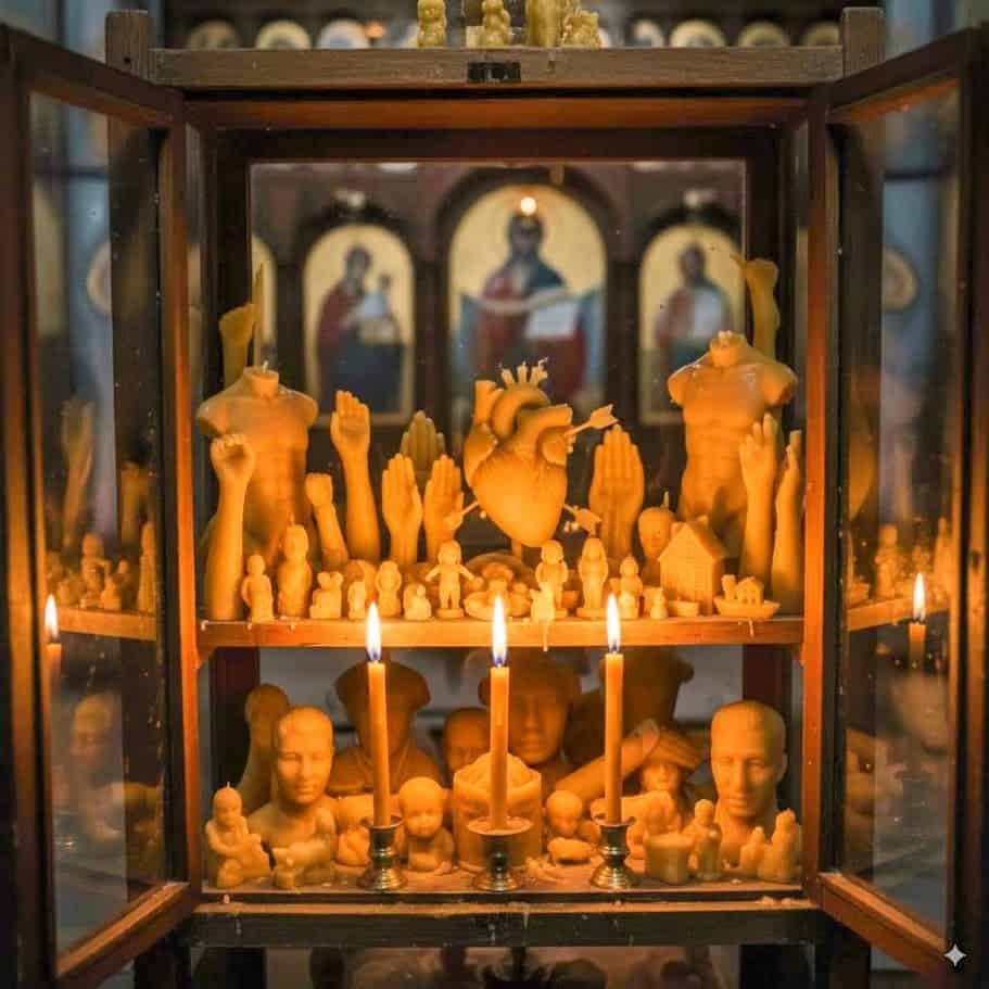 Un'edicola religiosa con candele di cera e statuette sacre.