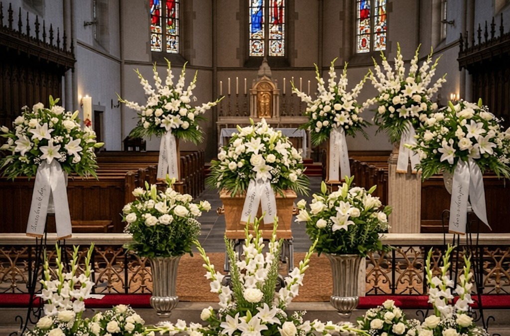 Fiore di funerale con grandi composizioni di fiori bianchi e decorazioni eleganti all’interno di una chiesa storica, ideale per commemorazioni e cerimonie funebri.