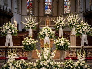 Fiore di funerale con grandi composizioni di fiori bianchi e decorazioni eleganti all’interno di una chiesa storica, ideale per commemorazioni e cerimonie funebri.