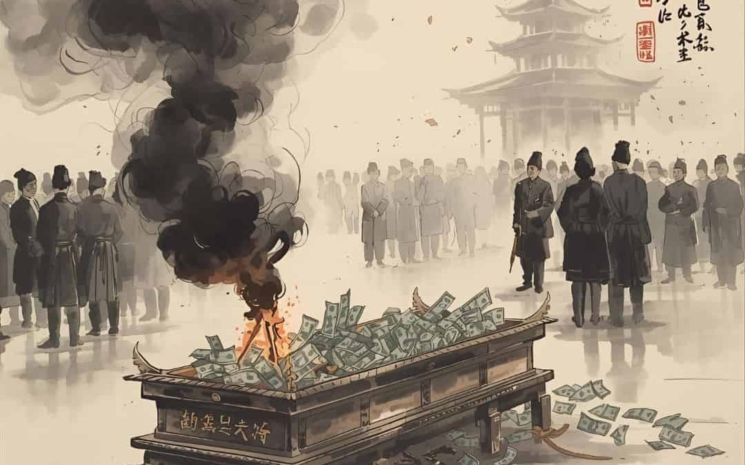 Frecce di soldi e fumo da un altare dedicato alla corruzione, scena storica con persone in abbigliamento tradizionale cinese, evidenziando temi di sradicamento e ricchezza.