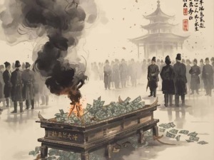 Frecce di soldi e fumo da un altare dedicato alla corruzione, scena storica con persone in abbigliamento tradizionale cinese, evidenziando temi di sradicamento e ricchezza.