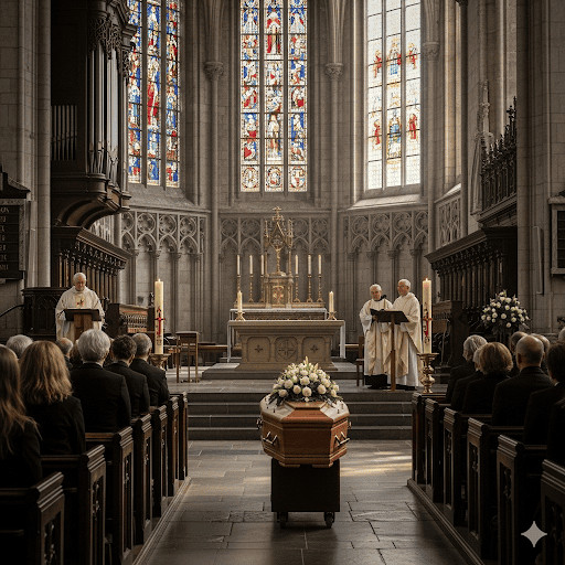 Sepolcro con barellia in un'abbazia gotica durante un rito funebre, con fedeli seduti e sacerdoti che officiando la cerimonia. Interno sacro con vetrate colorate e arredi liturgici.