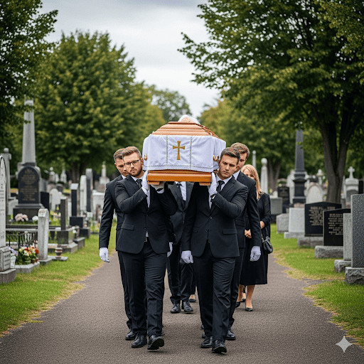 Tombe con bara bianca con croce in un funerale in cimitero, persone in abiti formali rendono omaggio ai defunti, atmosfera rispettosa e solenne.