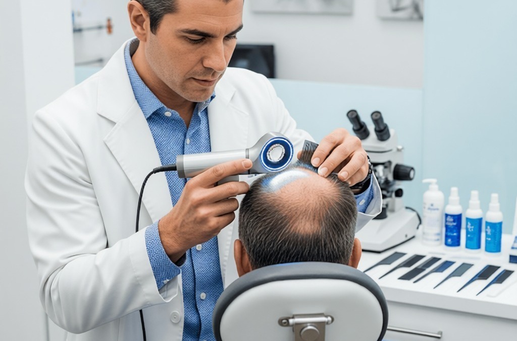 Perdita di capelli, trattamento tricologico, studio medico specializzato in perdita di capelli male, uomo anziano, cura dei capelli, clinica tricologica in Italia.